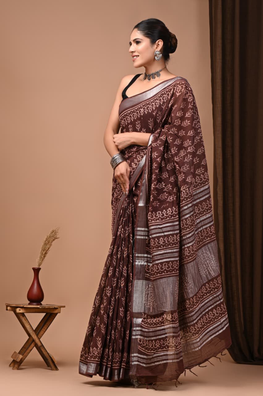 Hand Block Printed Linen Saree with Blouse